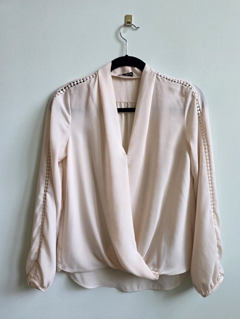 Miss Selfridge Crepe Faux Wrap V-Neck Blouse with Crochet/Lace Trim, Size US 2